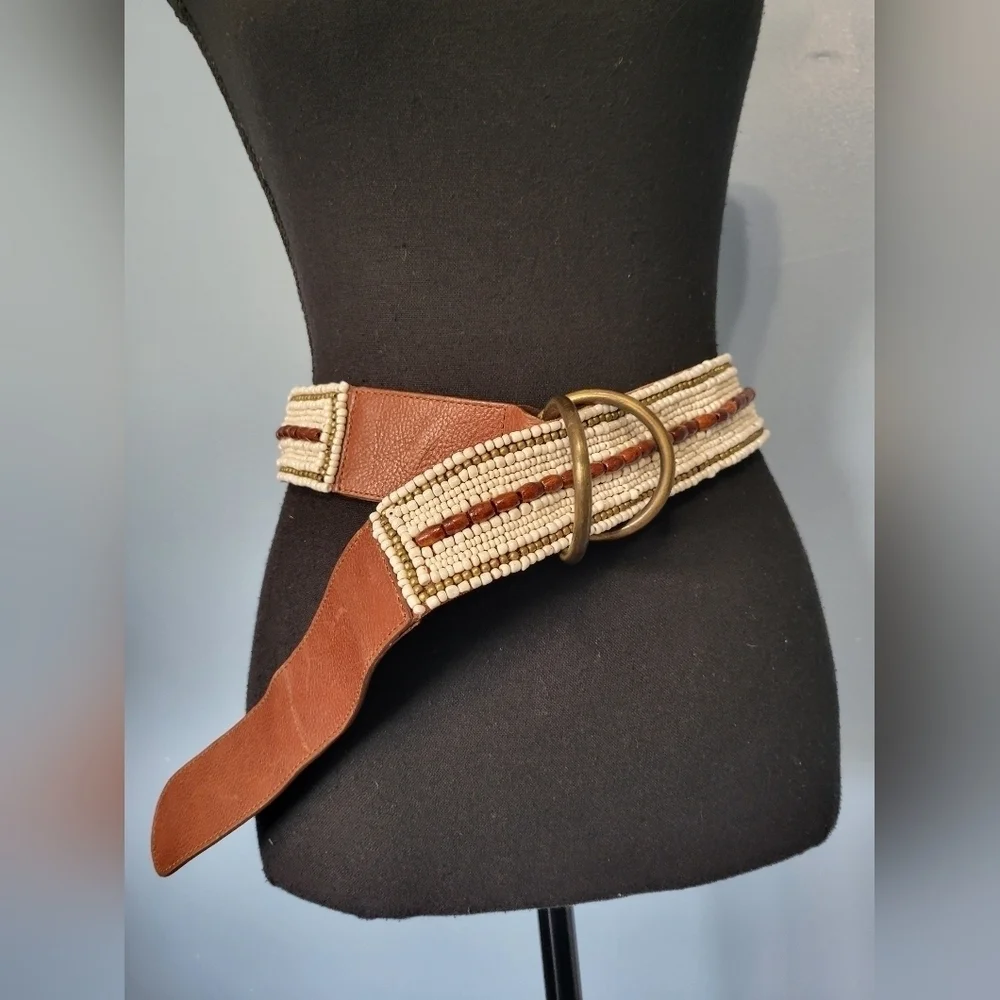 Tommy Bahama Beaded Boho Leather Belt M Brown